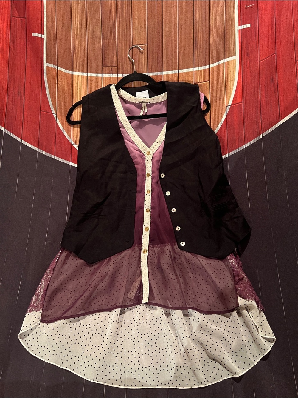 Layered Polka Dot & Lace Trim Dress with Black Vest